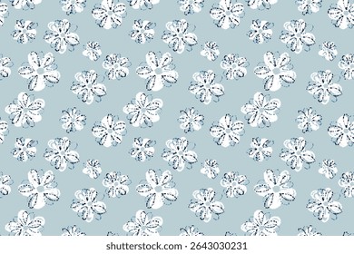 Seamless vector floral pattern with playful white crayon style flowers on a pastel blue background. Fun, cheerful, and artistic design for kids products, fabrics, and stationery