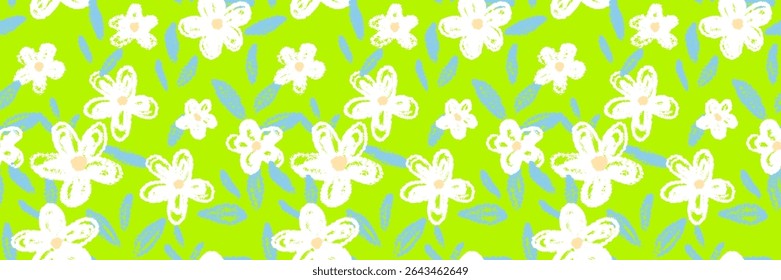 Seamless vector floral pattern with playful crayon style flowers and  leaves on a vibrant green background. Template for kids textiles, stationery, wrapping paper, and cheerful designs