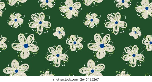 Seamless vector floral pattern with playful hand drawn daisies on a deep green background. Paint splashes and artistic touch. Template for design, abstract background, textiles, wrapping cover, fabric