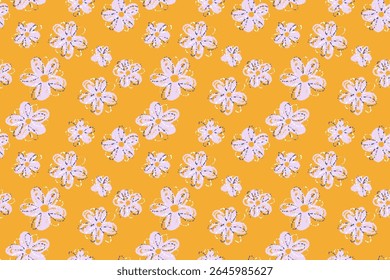 Seamless vector floral pattern with playful pink crayon style flowers on a vibrant yellow background. Fun, cheerful, and artistic design for kids products, fabrics, and stationery