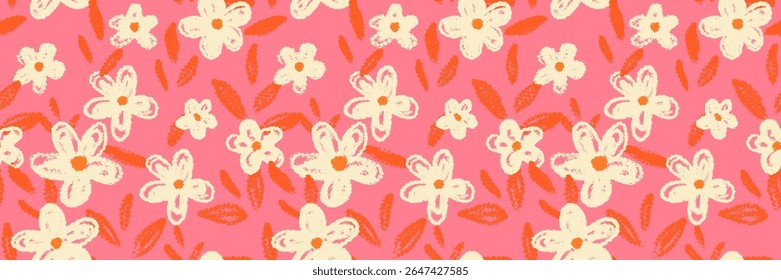 Seamless vector floral pattern with playful crayon style flowers and orange leaves on a pink background. Template for kids textiles, stationery, wrapping paper, cheerful designs