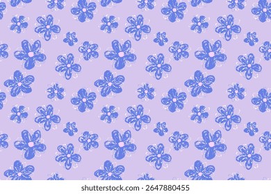 Seamless vector floral pattern with playful blue crayon style flowers on a pastel purple, violet background. Fun, cheerful, and artistic design for kids products, fabrics, and stationery