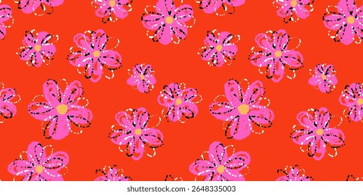 Seamless vector floral pattern with playful hand drawn pink daisies on a vivid red background. Vibrant paint splashes add a fun, childlike, and artistic touch. Ideal for kids designs