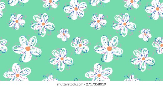 Patrón floral de Vector sin fisuras con divertidas margaritas blancas dibujadas a mano sobre un fondo verde azulado y turquesa. Las vibrantes salpicaduras de pintura añaden un toque divertido, infantil y artístico. Ideal para diseños infantiles