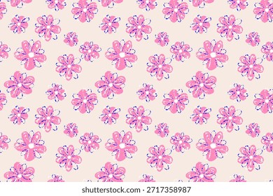 Patrón floral de Vector sin costuras con flores de estilo de crayón rosa juguetón sobre un fondo claro. Diseño divertido, alegre y artístico para productos infantiles, telas y papelería