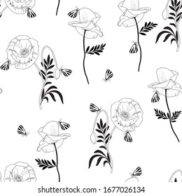 Seamless vector floral pattern with poppies and butterflies for decoration, print, textile, fabric
