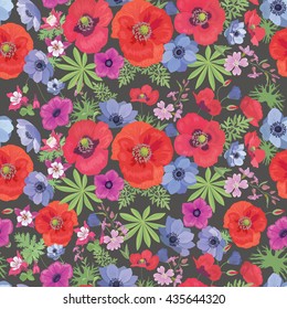 Nahtlose Vektorfloralmuster mit Pflaumen und Anemonen. Zigeunerstile. Sommer-Mode-Ornament für Stoffe und Umschlagpapier.