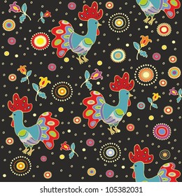 Seamless vector floral pattern with portugal roosters - "Barcelos" on black background