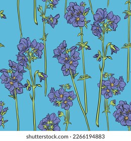 Nahtlose Vektorgrafik mit violettem Blumenmuster auf hellblauem Hintergrund.