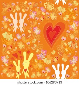 Seamless vector floral pattern with rabbits in love and hearts