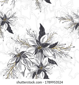 seamless vector floral pattern. realistic doodling, hand-drawn. modern background of winter flowers (poinsettia) and leaves in dark gold colors. Exotic Wallpaper