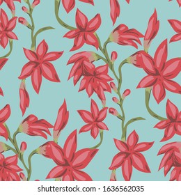 Seamless vector floral pattern. Red flowers blue background for design, fabric, textile, cover, wrapping etc. Beautiful botanic flowers field bouquet.