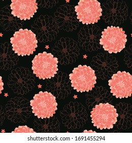 Seamless vector floral pattern with red flowers and stars for decoration, print, textile, fabric, stationery