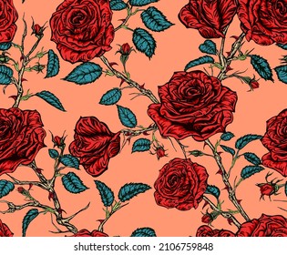 Seamless Vector Floral Pattern Of Red Roses With Stems, Leaves, Buds And Thorns  Tangled On Light Orange Background.