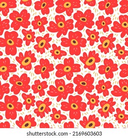 Seamless vector floral pattern with red poppies. Bright colorful texture with flowers for prints, fabrics and backgrounds. Surface design. Warm color palette. Hand drawn flat doodle illustration 