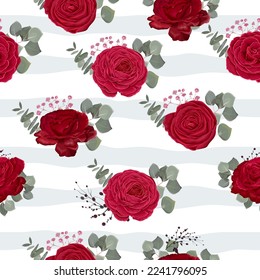 Seamless vector floral pattern. Red roses, eucalyptus, green plants and leaves. Flowers on green stripes 