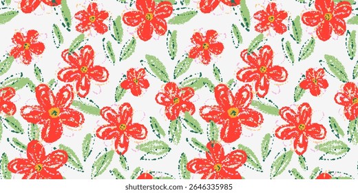 Seamless vector floral pattern with red abstract daisy like flowers and green leaf with textured brush strokes on a white background. Template for textiles, wallpapers, packaging, and kids