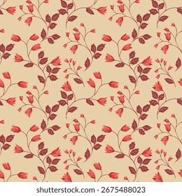 Padrão floral vetorial contínuo com flores vermelhas e folhas maroon em um fundo bege. Design botânico elegante para tecido, papel de parede, embalagem e papelaria