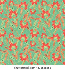 Seamless vector floral pattern with red, scarlet flowers on green background