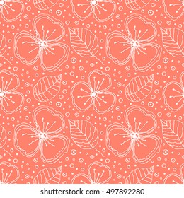 Seamless vector floral pattern. Red hand drawn background with flowers and leaves. Graphic illustration. Series of Hand Drawn Seamless vector Patterns.