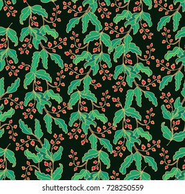 Seamless vector floral pattern with red berry on black background