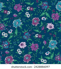 Seamless vector floral pattern. Repeating print with a variety of purple and blue flowers, green leaves and vines on a blue background. Vintage motif style.