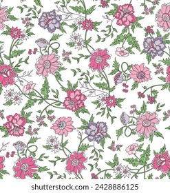 Seamless vector floral pattern. Repeating print with a variety of pink and purple flowers, green leaves and vines on a white background. Vintage motif style.