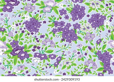 Vector sin costura patrón floral. Impresión repetitiva con una variedad de flores púrpuras, flores blancas y hojas verdes sobre un fondo púrpura claro. Ilustraciones hechas a mano. Ropa textil estampado.