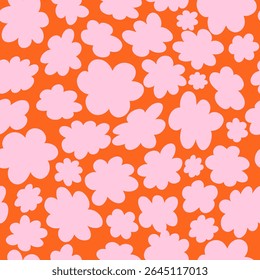 Seamless vector floral pattern. Retro 60s-70s style with a cute and joyful feel. Bright, fun, and feminine design perfect for textiles, packaging, wallpapers, kids’ products, and digital backgrounds