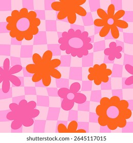 Seamless vector floral pattern. Retro 60s-70s style with a cute and joyful feel. Bright, fun, and feminine design perfect for textiles, packaging, wallpapers, kids’ products, and digital backgrounds