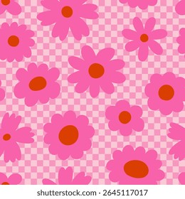 Seamless vector floral pattern. Retro 60s-70s style with a cute and joyful feel. Bright, fun, and feminine design perfect for textiles, packaging, wallpapers, kids’ products, and digital backgrounds