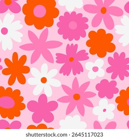 Seamless vector floral pattern. Retro 60s-70s style with a cute and joyful feel. Bright, fun, and feminine design perfect for textiles, packaging, wallpapers, kids’ products, and digital backgrounds