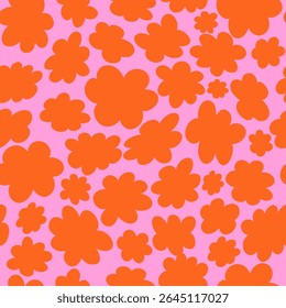 Seamless vector floral pattern. Retro 60s-70s style with a cute and joyful feel. Bright, fun, and feminine design perfect for textiles, packaging, wallpapers, kids’ products, and digital backgrounds