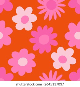 Seamless vector floral pattern. Retro 60s-70s style with a cute and joyful feel. Bright, fun, and feminine design perfect for textiles, packaging, wallpapers, kids’ products, and digital backgrounds