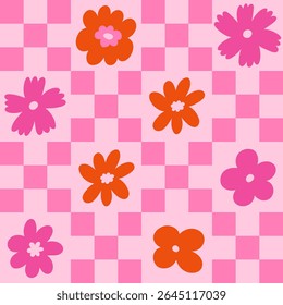 Seamless vector floral pattern. Retro 60s-70s style with a cute and joyful feel. Bright, fun, and feminine design perfect for textiles, packaging, wallpapers, kids’ products, and digital backgrounds