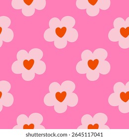 Seamless vector floral pattern. Retro 60s-70s style with a cute and joyful feel. Bright, fun, and feminine design perfect for textiles, packaging, wallpapers, kids’ products, and digital backgrounds