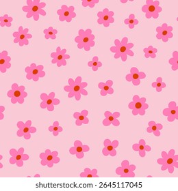 Seamless vector floral pattern. Retro 60s-70s style with a cute and joyful feel. Bright, fun, and feminine design perfect for textiles, packaging, wallpapers, kids’ products, and digital backgrounds