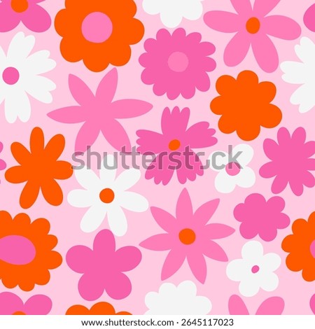 Seamless vector floral pattern. Retro 60s-70s style with a cute and joyful feel. Bright, fun, and feminine design perfect for textiles, packaging, wallpapers, kids’ products, and digital backgrounds