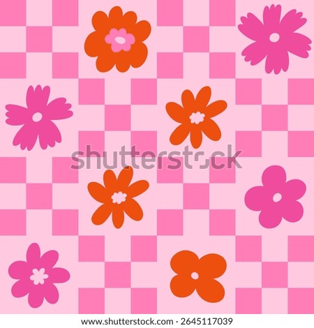 Seamless vector floral pattern. Retro 60s-70s style with a cute and joyful feel. Bright, fun, and feminine design perfect for textiles, packaging, wallpapers, kids’ products, and digital backgrounds