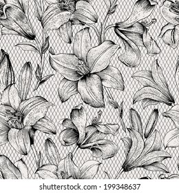 Seamless vector floral pattern. Royal lilies flowers. Black and white graphics. Monochrome.