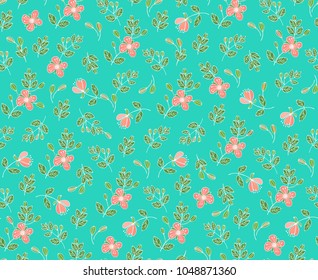 Seamless vector floral pattern  with salmon-pink spring flowers on green- turquoise background