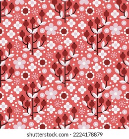 Seamless vector floral pattern in scandinavian style. Branch of berries, leaves, flowers and dots. Textile design.