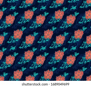 Blumenmuster nahtloser Vektorillustration mit 
Scharlach - rote Rosen auf dunkelblauem Hintergrund, chinesischer Stil