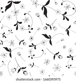 Seamless vector floral pattern with simple and cute flowers in black and white for decoration, print, textile, stationery, fabric