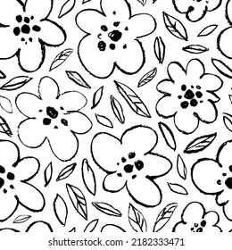 Seamless vector floral pattern with simple outline flowers. Charcoal or pencil drawing. Hand drawn botanical ornament with leaves and blossoms on stems. Roses, peonies, chamomile blooming