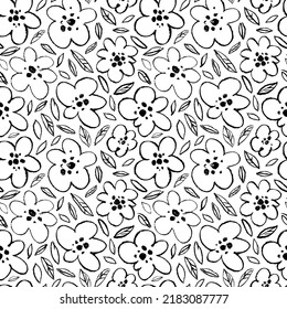 Seamless vector floral pattern with simple outline flowers. Charcoal or pencil drawing. Hand drawn botanical ornament with leaves and blossoms on stems. Roses, peonies, chamomile blooming