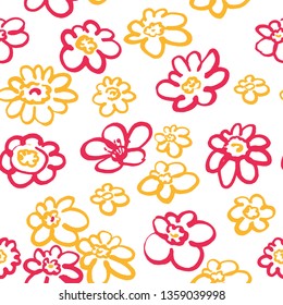 Seamless vector floral pattern with sketchy naive pink and orange spring abstract flowers on white. Freehand drawing.