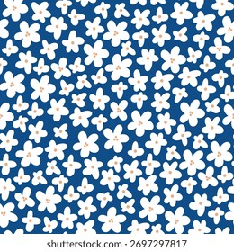Seamless vector floral pattern with small white blossoms on classic navy blue background. Minimal hand-drawn illustration perfect for textile design, wallpaper and elegant fashion print