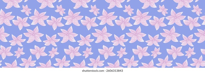 Seamless vector floral pattern with soft pink unique flowers on a pastel blue background. Light, delicate, and feminine design, perfect for fabrics, packaging, wallpapers, stationery,  branding