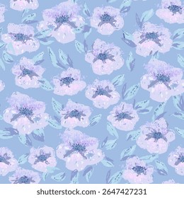 Seamless vector floral pattern with soft hand painted poppies on a pastel blue background. Template for fashion textiles, packaging, wallpaper, and modern surface design